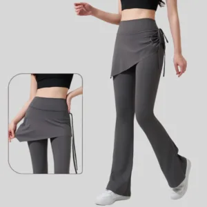 Naked Feeling Yoga Flared Pants Women Fake Two-piece Culottes Side Drawstring High Waist Sports Casual Gym Flared Leggings