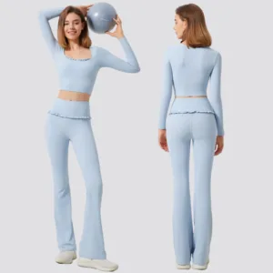 Yoga Set for Women 2025 Lotus Gym Fitness Padded Long Sleeve Sports Shirts Crop Top High Waist Flared Leggings Workout Clothes